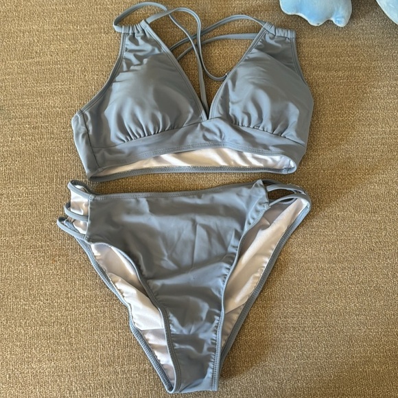 Blue Cheeky Back Cross Bikini High Waisted High Cut Side Straps Bottom M - Picture 3 of 5